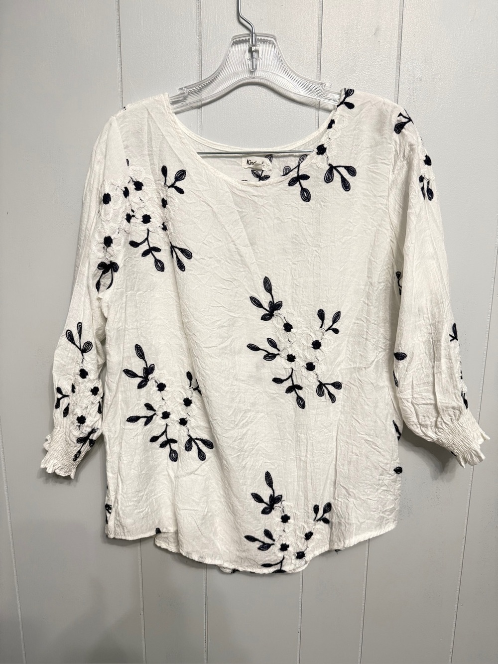 Kindred Blouse with Black Floral Embroidery. Excellent Condition
